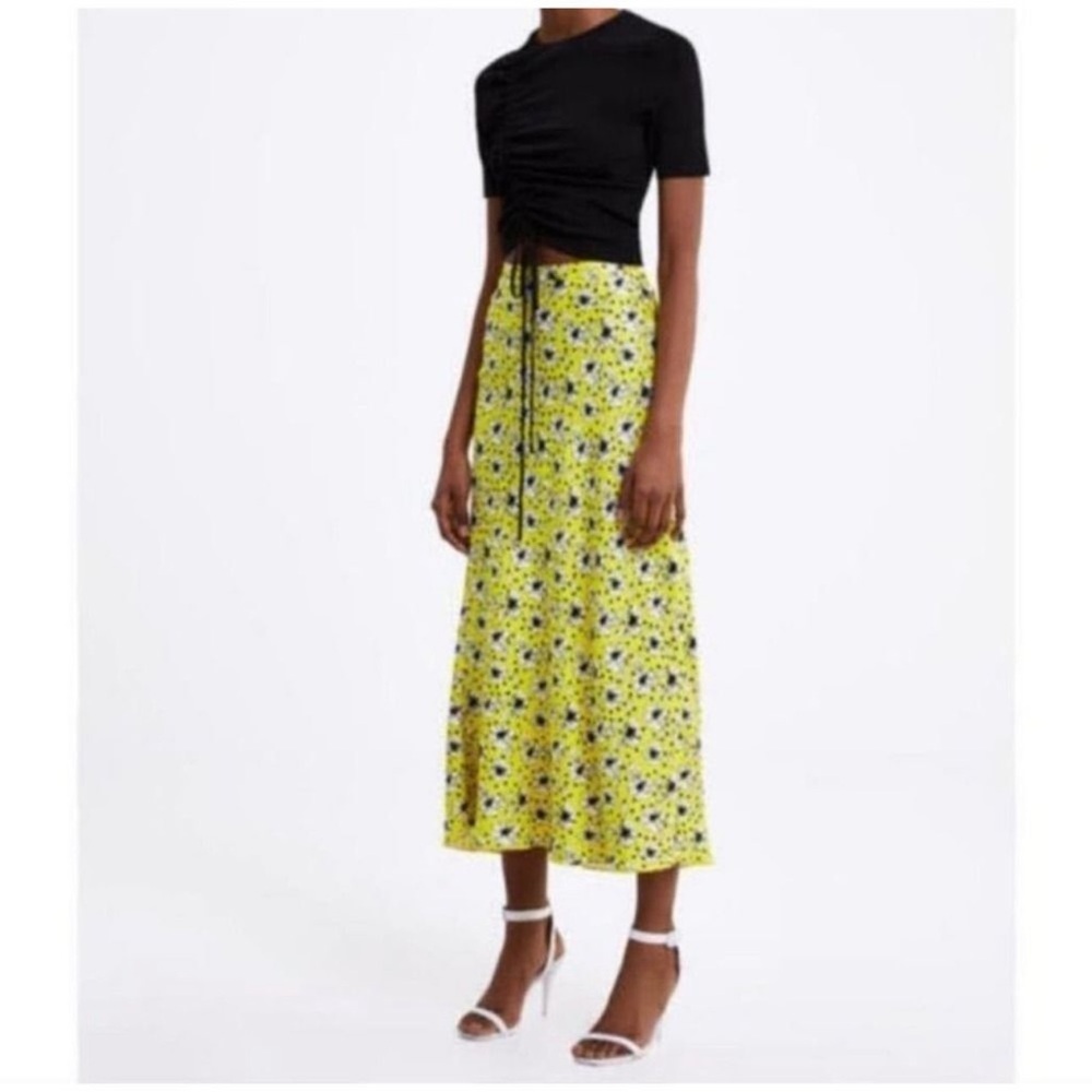 Zara EUC Floral Print A-Line Midi Long Skirt Yellow Size M Bloggers Favourite - Picture 2 of 15